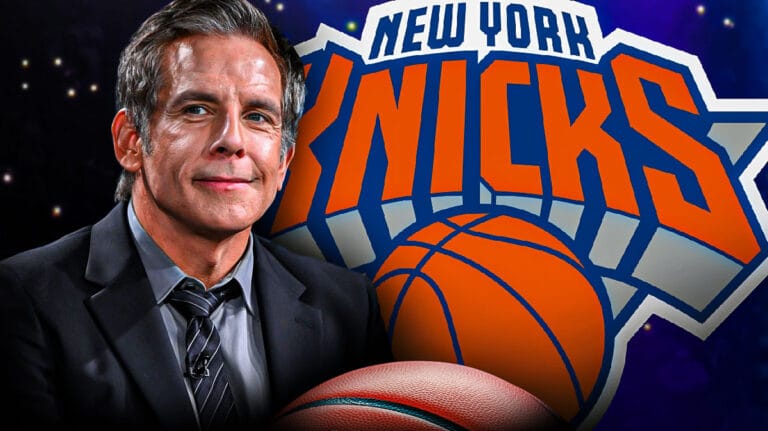 A Knicks fan hugs Ben Stiller after a win