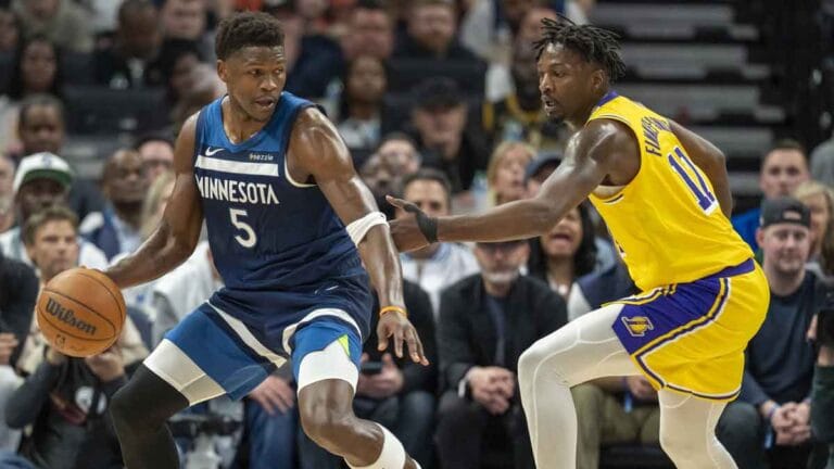 Anthony Edwards Dunks all over the port Doncic during Timbervolves-Lakers 3 play