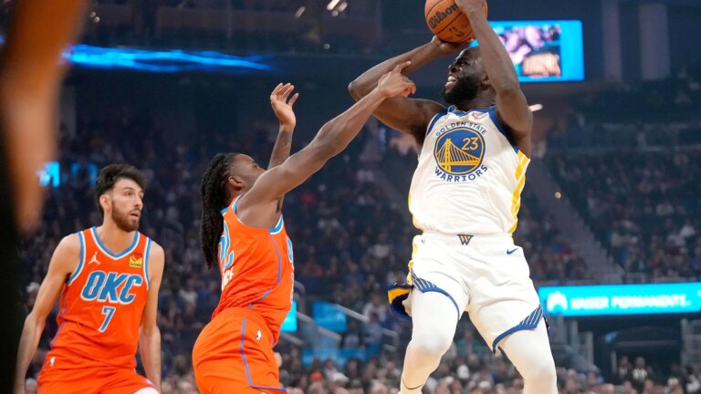 Draymond Green reacts to the Thunder’s 74th win in NBA history