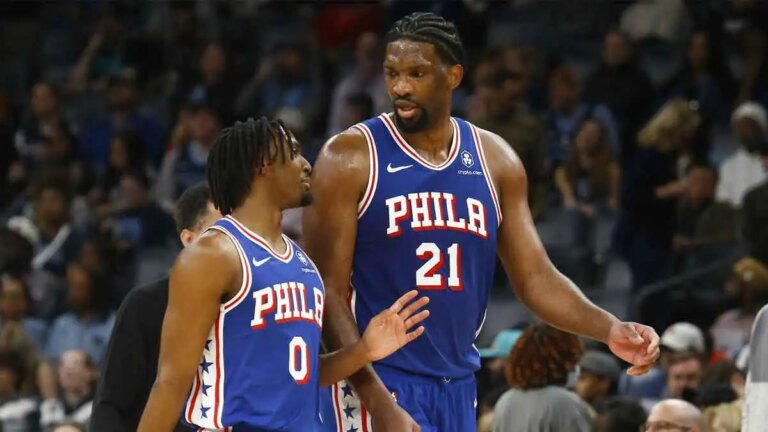 76ers’ Tyrese Maxey celebrates Joel Embiid’s success against the Pacers amid illness
