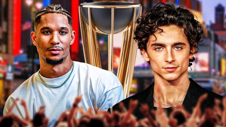 Josh Hart yells at Marty Supreme, Timothee Chalamet before the NBA Cup
