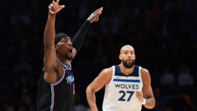 Bam Adebayo makes Rudy Gober spin with a three-pointer