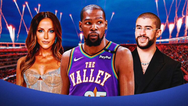 Kevin Durant acknowledges Bad Bunny Kay Adams before halftime of the Super Bowl