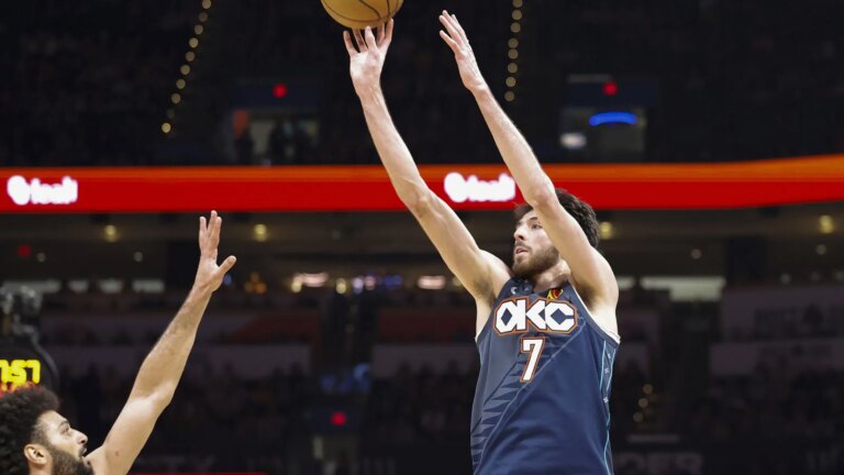 Chet Holmgren reacts to a career milestone in the win against the Nuggets